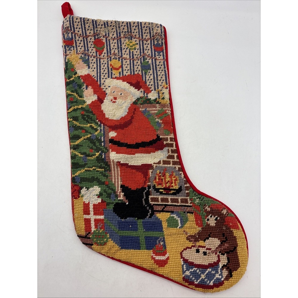 Vintage Needlepoint Stocking Santa Tree Old Fireplace Toys Handmade